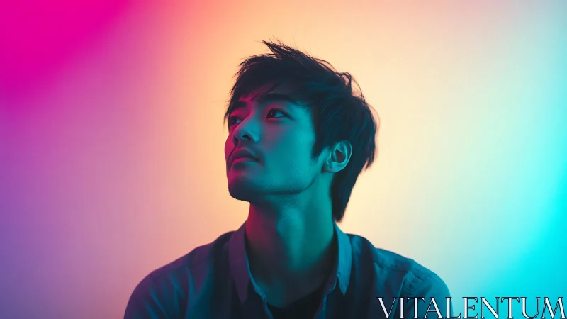 Portrait subject illuminated by gradient colored lighting