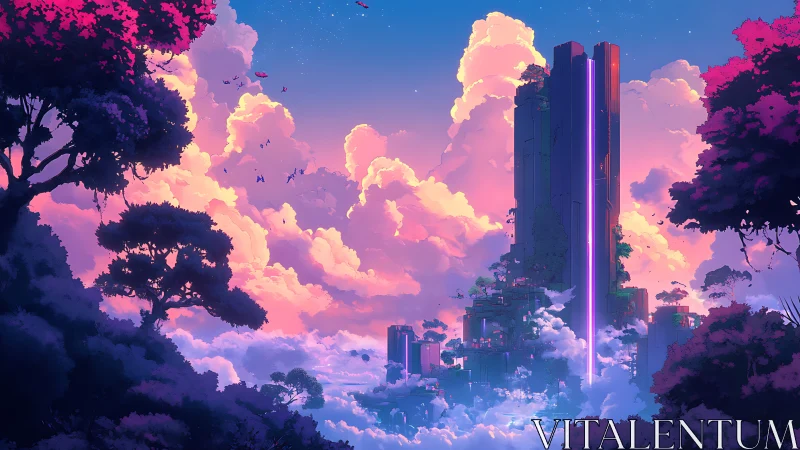 Dreamy sky city rises among glowing pink sunset clouds