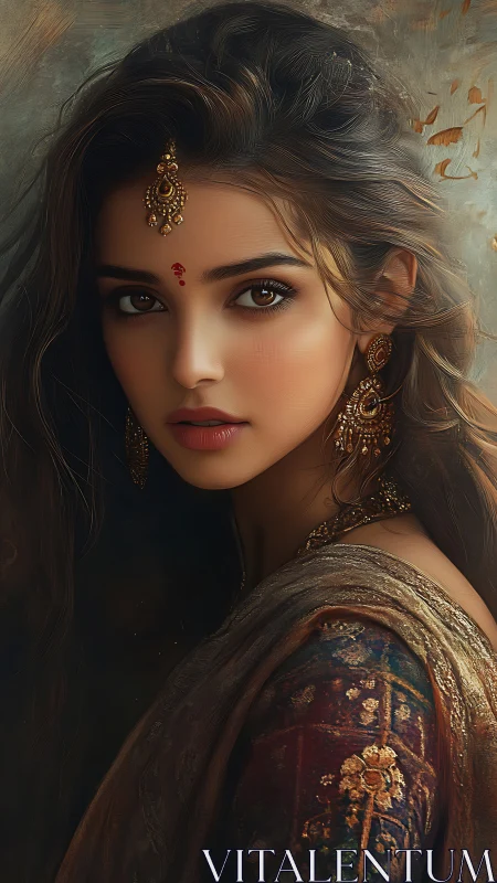 Portrait of woman in traditional attire with ornate jewelry.