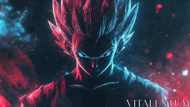 Intense anime warrior portrait in red and blue light.