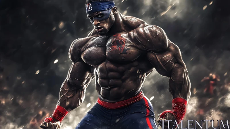 Muscular masked superhero stands in smoky battle arena.