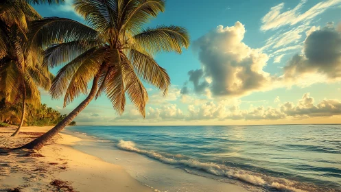 Tropical beach shoreline with palm tree and gentle ocean waves.