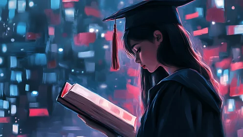 Graduate profile reading illuminated book in neon cityscape.