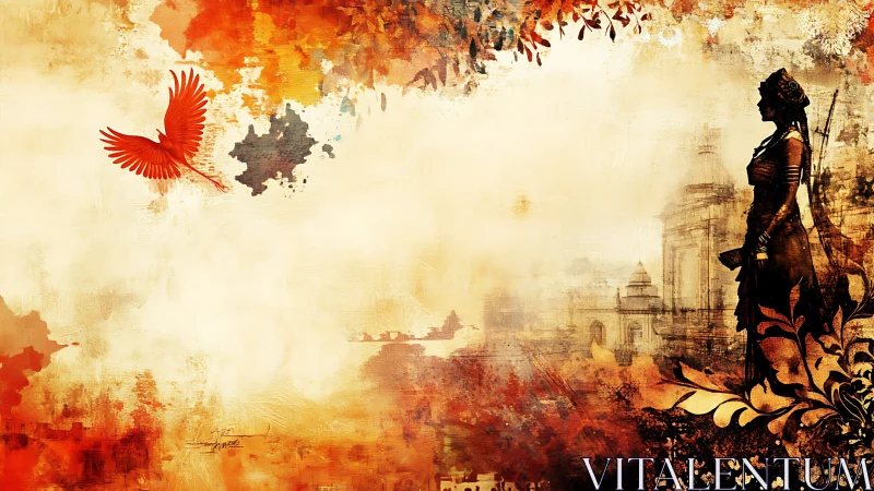 Warrior silhouette watches a phoenix rise over ancient city