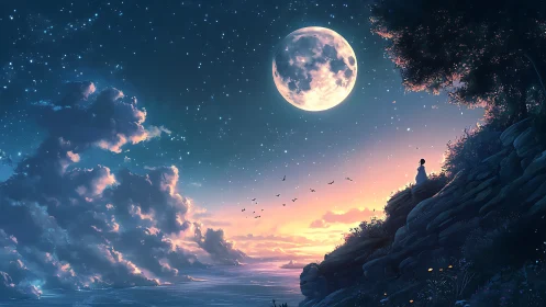 Lunar-illuminated coastline with solitary observer at twilight.