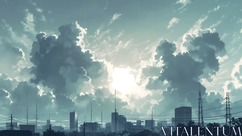 Sun-drenched city skyline beneath towering dreamclouds.