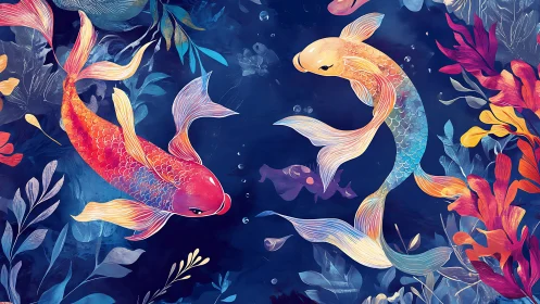 Colorful koi fish glide through deep blue aquatic garden