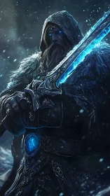 Hooded frost warrior holding glowing runed sword.