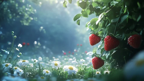Sunlit strawberries hang over dewy wildflower meadow.