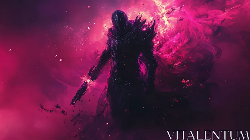 Voidshrouded gunner emerging through neon magenta storm.