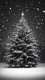 Snow covered outdoor Christmas tree with star topper.