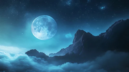 Luminous blue moon above misty mountains at nightfall.