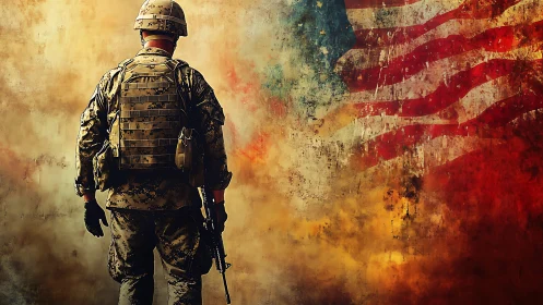 Modern soldier silhouette before abstract US flag mural.