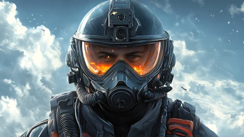 Futuristic fighter pilot portrait with blazing visor glow.