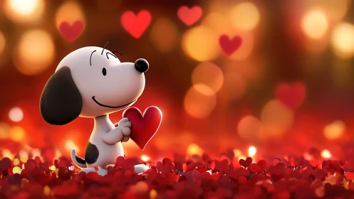 Snoopy's Crimson Love Heart Among Golden Bokeh Lights.