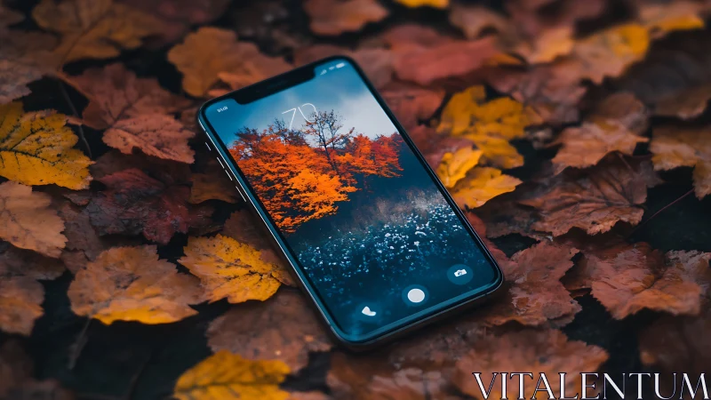 Smartphone on autumn leaves reflects vivid seasonal landscape