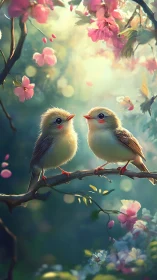 Blossom-bright songbirds trading dawn secrets on a branch.