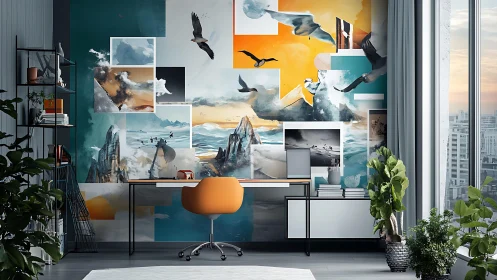 Creative home office overlooks city with bold seascape mural