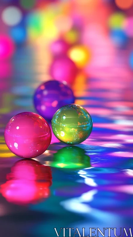 Luminous glass spheres over neon reflections on water surface.