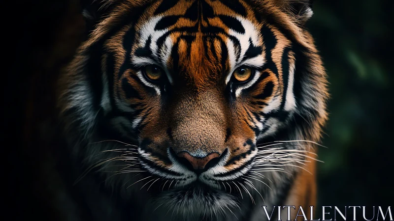 Golden-eyed tiger emerging from deep forest shadows.