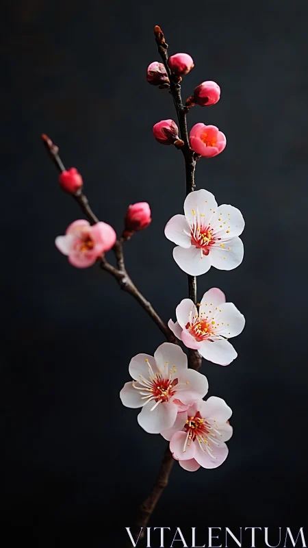 Plum Blossom Branch with Pink and White Flowers.