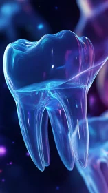 Transparent glass tooth glows in neon bioluminescent light.