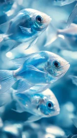 Shimmering blue fish drift through a dream-bright underwater hush.