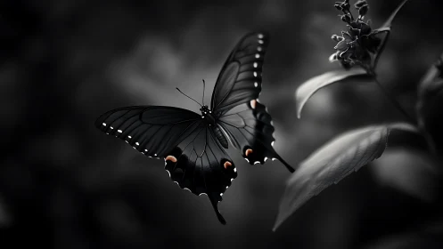 Black butterfly hovers over leaf in soft monochrome light.