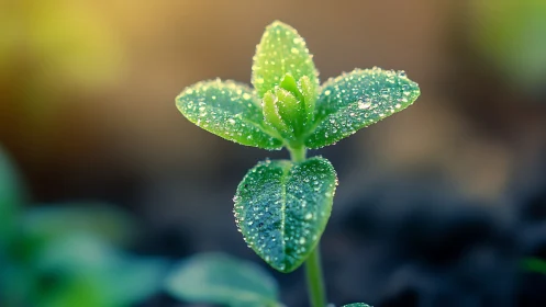 Macro botanical study of dew-covered seedling morphology.