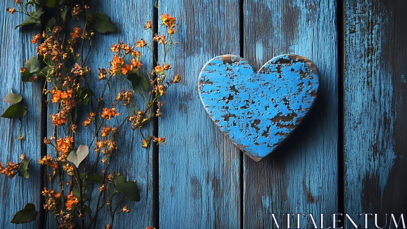 Blue Wooden Heart With Dried Orange Flowers.