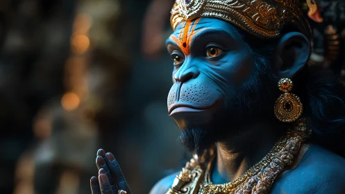 Blue simian deity in ornate gold jewelry gazes serenely.