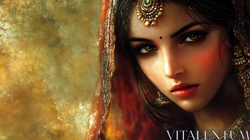 Regal portrait of jeweled woman in warm golden chiaroscuro.