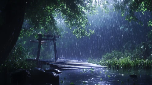 Rain-soaked forest shrine bridge glows in tranquil twilight