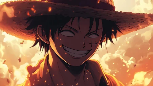 Backlit anime pirate portrait intensifies with molten ambience