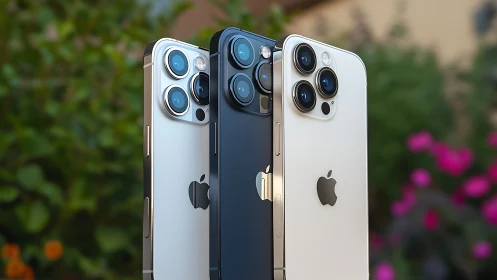 Three iPhone 14 Pro models displayed in white, midnight blue, and silver.