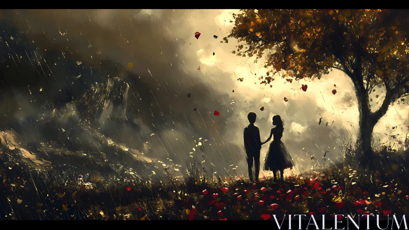 Two Silhouetted Figures in Atmospheric Landscape Setting.