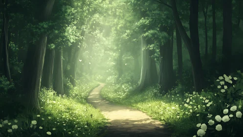 Sunlit Forest Path Through Enchanted Woods.