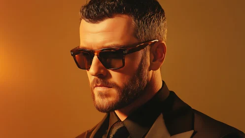 Stylish man in sunglasses under warm cinematic light.