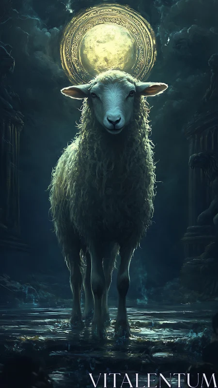 Sacred lunar sheep under ornate halo in nocturnal ruins.