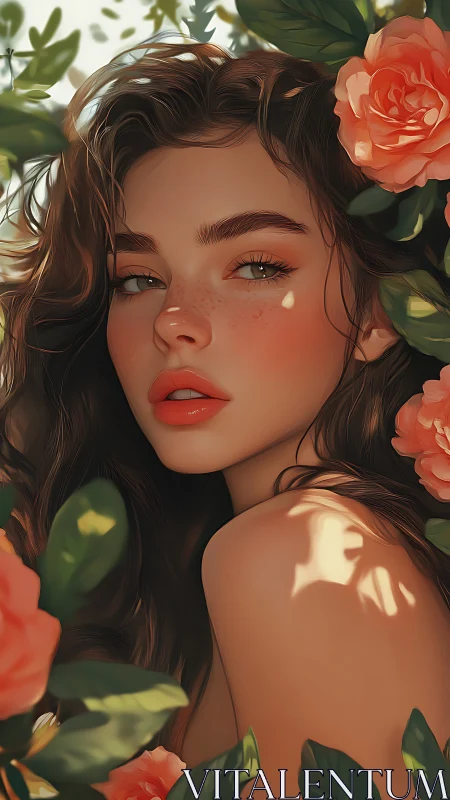 Soft sunlight frames a freckled beauty in blooming roses