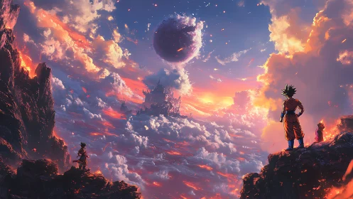 Characters observe cosmic sky above volcanic cloudscape