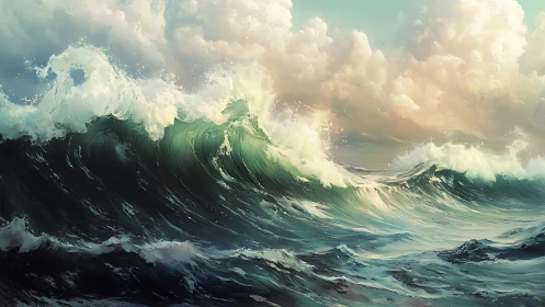 Rolling ocean waves rise under glowing, softly painted clouds