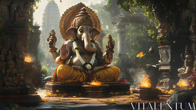 Serene Ganesha statue amid temple ruins and fire altars.