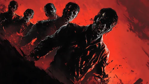 Zombie horde advances through blood-red abstract void.
