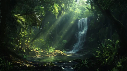 Tropical Waterfall Cascading Through Luminescent Forest Canopy