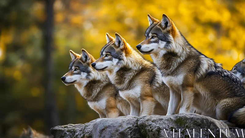 Four wolves sit alert on rocks before blurred autumn forest