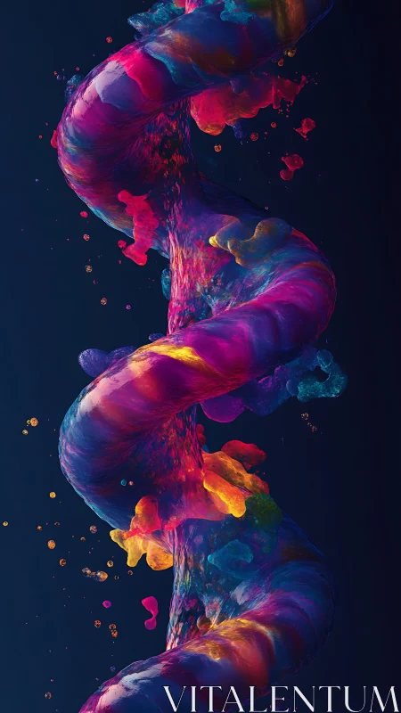 Twisting neon liquid helix arcs through dark vertical frame