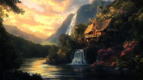 Thatched wooden house overlooks waterfalls and river at sunset