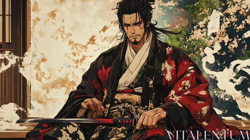 Samurai warrior in ornate kimono with katana at rest.