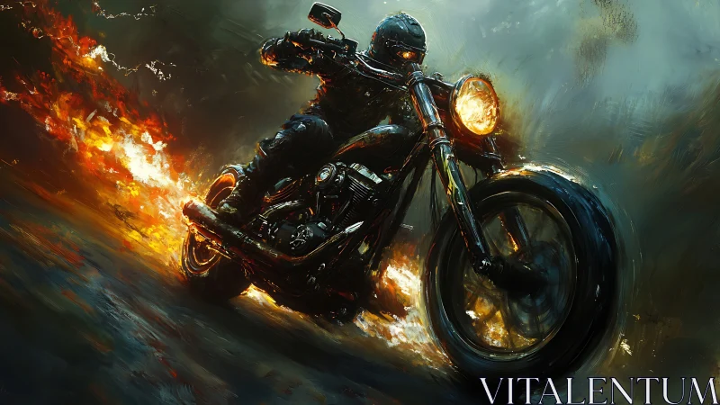 Motorcyclist rides through flames on wet reflective roadway